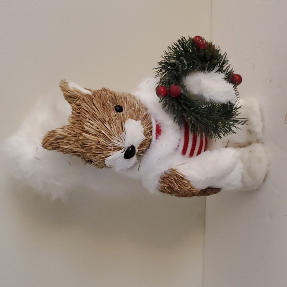 Vintage Straw Animal Winter Squirrel With Fluffy White Tail Red Stripe Sweater